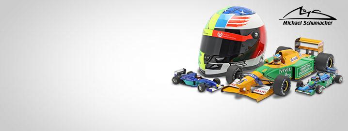 F1 legend M. Schumacher Formula 1 vehicles and mini helmets 
by Michael Schumacher available